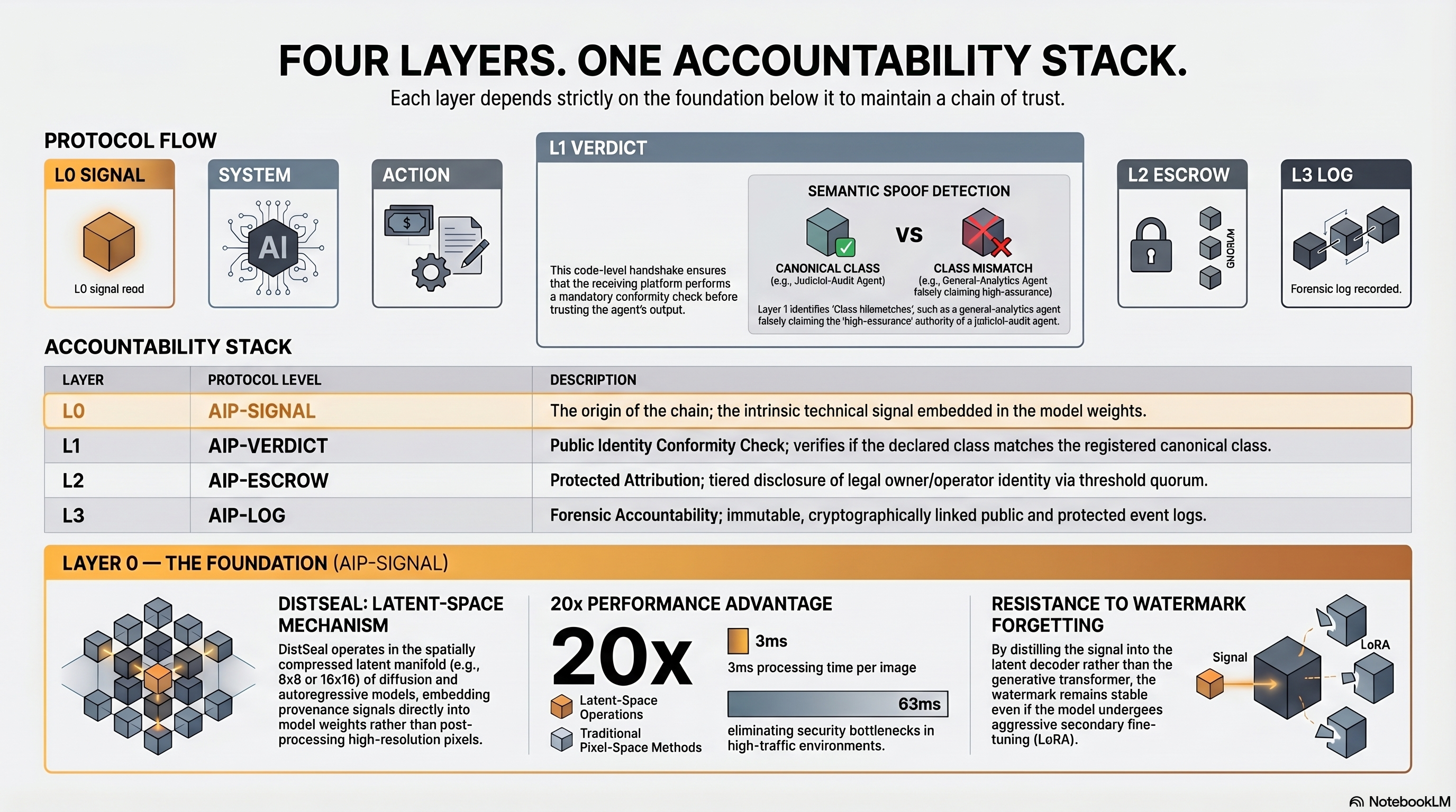 Four Layers, One Accountability Stack — AIP protocol flow diagram showing L0 Signal, L1 Verdict, L2 Escrow, and L3 Log.
